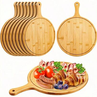 Bamboo Pizza Plate With Handle, Premium Pizza Board, Natural Pizza Platter/Bamboo Cutting Board, Perfect For Homemade Pizza, Cutting Fruits And Vegetables, Bread, Cheese, And As A Serving Platter, Stylish Kitchen And Dining Accessory, Essential Baking Kitchen Tool