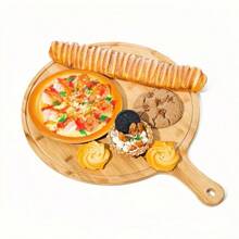 Plato de pizza de bambú con mango, tabla de pizza premium, bandeja de pizza natural/tabla de cortar de bambú, perfecta para pizza casera, cortar frutas y verduras, pan, queso y como bandeja de servir, accesorio de cocina y comedor con estilo, herramienta de cocina de repostería esencial