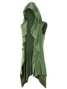 Runcati Mens Hooded Cardigan Sleeveless Ruffle Shawl Collar Open Front Knit Drape Robe - 軍綠色 - 查看 4