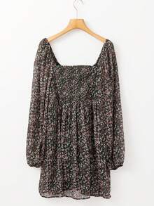 Acelitt 夏季碎花褶皱前片拼布灯笼袖连衣裙