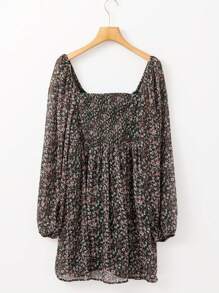 Acelitt Summer Ditsy Floral Shirred Front Patchwork Lantern Sleeve Dress