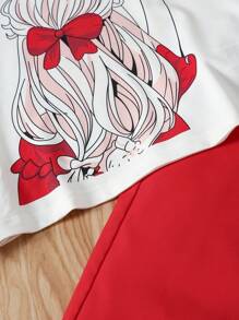 2 Peças Conjunto de Moda Verão Meninas, Camiseta Estampada + Calça Reta de Perna Larga de Cor Sólida