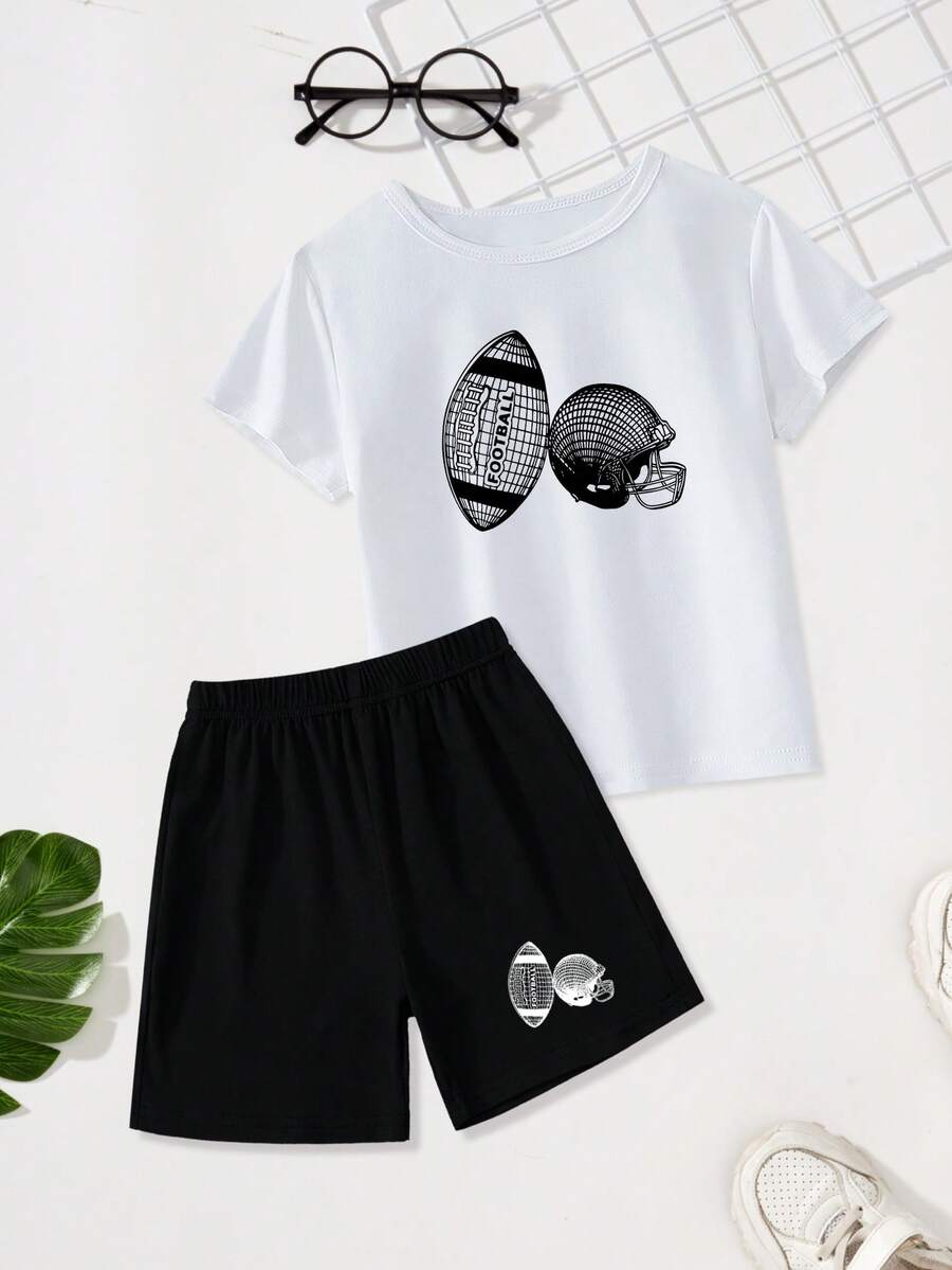 2pcs/Set Boys Children Football Pattern Short Sleeve T-Shirt & Shorts Sport Outfit - Multicolor - View 1