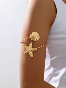 1pc European And American Metal Seashell Design Arm Cuff, Exaggerated Ocean Style Gold Color Arm Chain, Suitable For Beach Holiday, Sexy Beach Party Wear