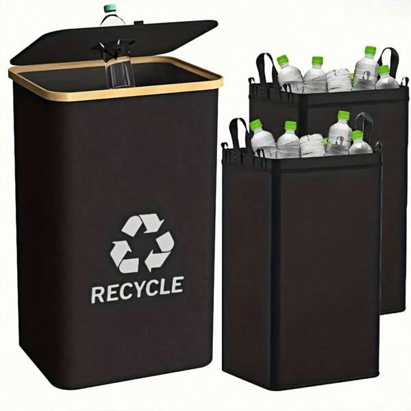 26-Gallon (100L) High-Capacity, Removable Inner Bag & Foldable Rectangular Recycling Bin – Kitchen Recycling Bin, Bathroom Trash Can, Household Waste Bin, Bamboo Kitchen Recycling Container For Bottles, Paper, Cans, Glass & Plastic