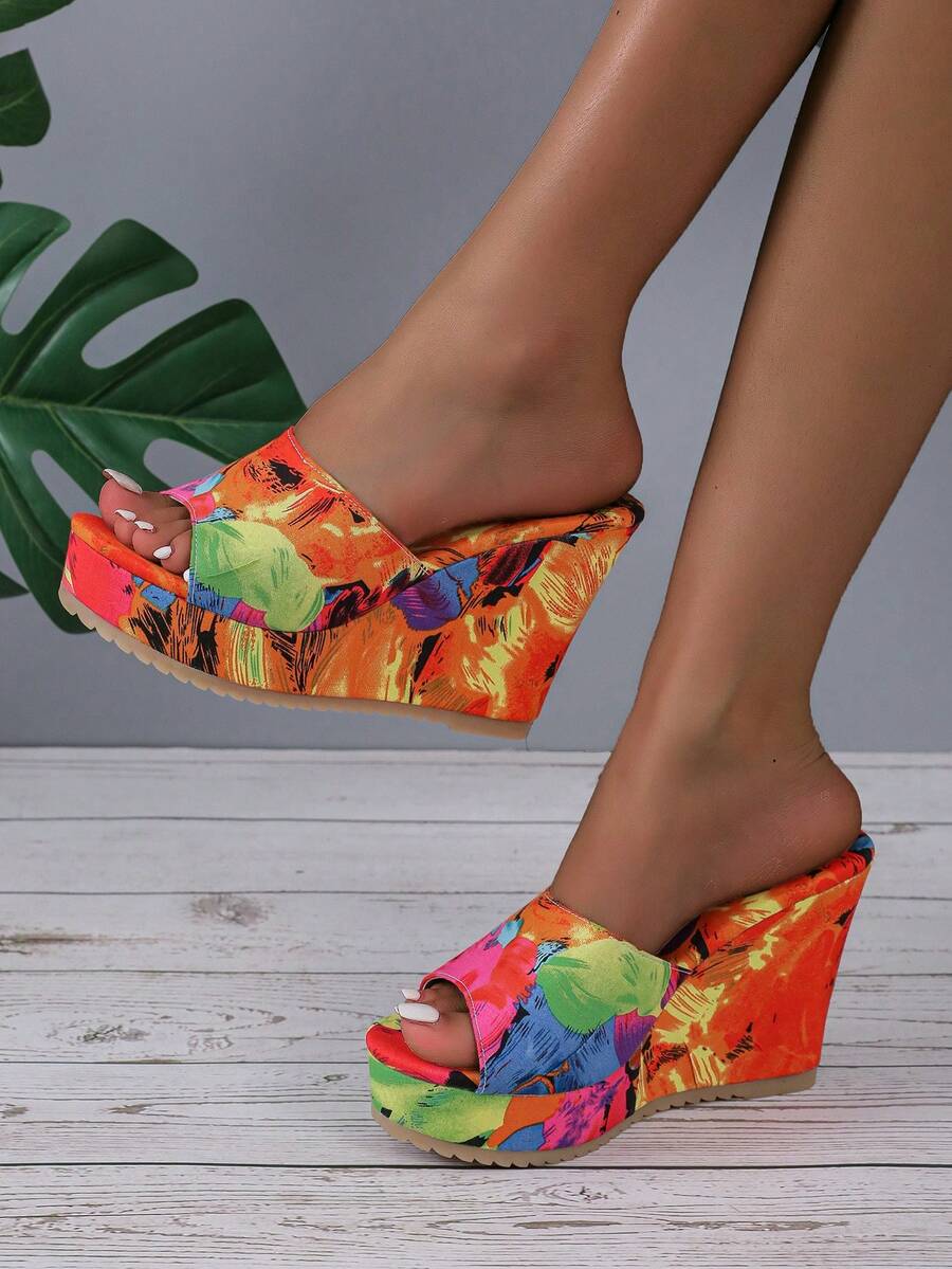 Women's Fashion Printed Patterned Round Toe Anti-Slip Chunky Platform Sandals - Multicolor - View 1