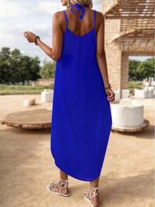 Loose V-Neck Midi Dress With Straps - Blue - View 2