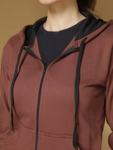 Women's Cold Weather Blouse Sweatshirt Coat With Zipper And Plain Hood Various Colors - 棕色 - 查看 6