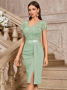 MIUSOL Elegant Sequin Lace Ruched Split Thigh Cocktail Party Bodycon Dress, Wedding Guest Dress