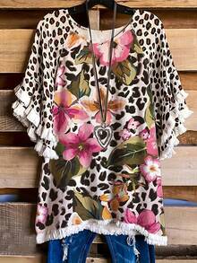 Fox Claw Plus Size Women's Casual Round Neck Half Sleeved Contrasting Pleated Lace Loose T-Shirt - 粉色 - 查看 1