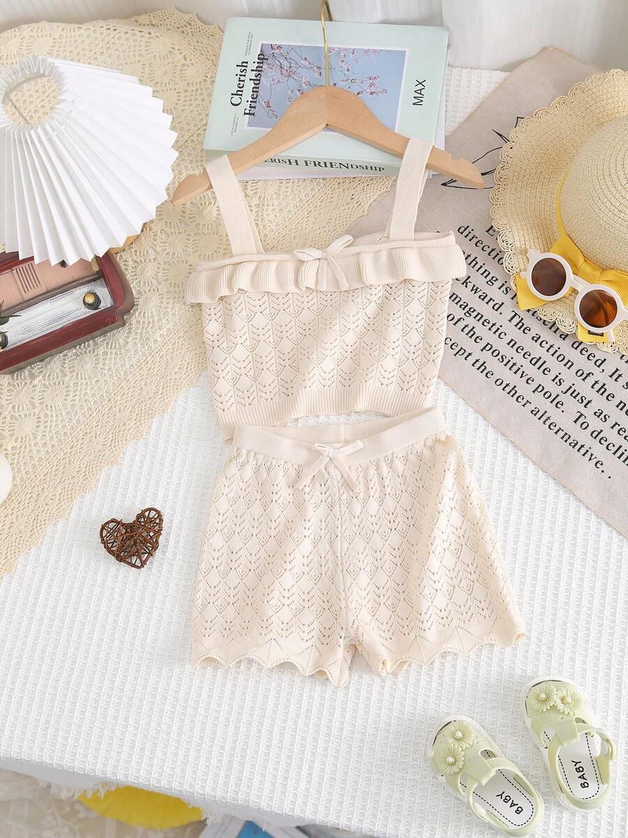 Baby Girls' Solid Color Wide Strap Bow Decor Simple Top And Shorts Casual 2 Pieces Set - Beige - View 1