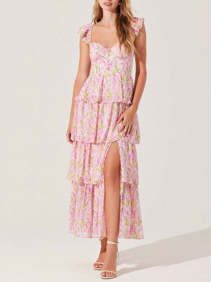 Women's Summer Boho Floral Dress Short Puff Sleeve Flowy A Line Tiered Beach Vacation Long Dresses - 粉色 - 查看 1