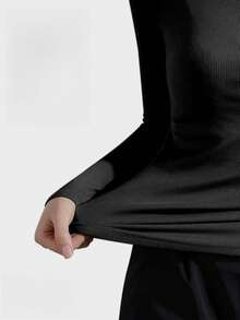 WOMEN'S HIGH NECK KNITTED BLOUSE WITH SIMPLE HALF SLEEVE, RIB FABRIC S M L - 黑色 - 查看 2