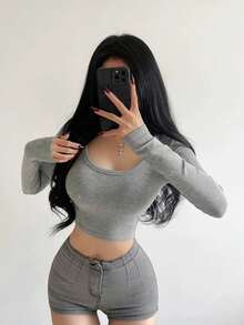 Women's Long Sleeve T-Shirt Ribbed Fabric S M L - Xám - Xem 1