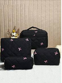 1pc New Embroidered Bow Makeup Bag, High-Aesthetic, Minimalist, Versatile, Quilted Checkered Embroidered Bow Pattern Women Cosmetic Organizer Pouch, Daily Essentials Storage, Student Pencil Case, Suitable For Shopping, Travel, Portable,For Holiday Beach, Bathroom Collection, Bedroom Collection, Large Capacity