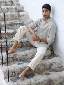 Runcati Mens Button Down Shirt Linen Cotton Shirts Casual Long Sleeve Spread Collar Lightweight Beach Plain Tops - 灰色 - 查看 2