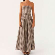 Vestido largo casual de verano para mujer, sexy, con cuello de barco, espalda descubierta, sin mangas, sin tirantes, fluido y plisado