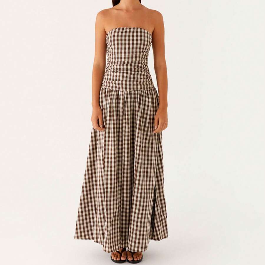 Vestido largo casual de verano para mujer, sexy, con cuello de barco, espalda descubierta, sin mangas, sin tirantes, fluido y plisado