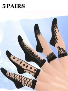 5 Pairs Women Thin Floral Print Mid-Calf Socks, Soft, Breathable, Non-Slip, Suitable For Daily Wear, Summer/Fall