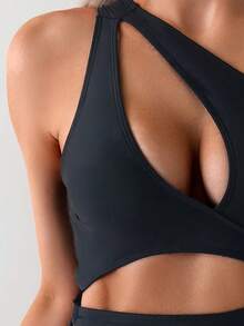 Irregular Hollow Out Single Shoulder One-Piece Sexy Tight Fitting Hot Girl Swimsuit For Vacation - 黑色 - 查看 3