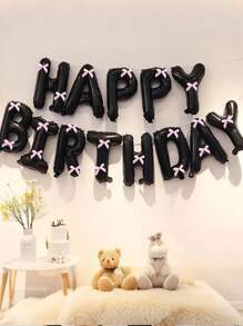 33pcs Pink Bow Birthday Balloon Set, 16" White/Black/Pink/Cream Happy Birthday Banner, Pink Mini Bow Decor, Birthday Party Decoration, Anniversary, Proposal, Wedding