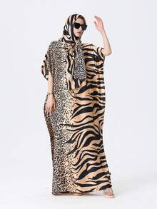 1pc Style Printed Robe With Headscarf For Women, Casual Vacation Robe - Multicolor - View 14