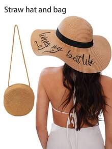 2pcs/Set Women's Khaki Wave Straw Sun Hat & Crossbody Straw Tote Bag, Suitable For Daily, Beach, Travel Women Solid Boho Straw Hat For Vacation Fashionable Women's Spring/Summer Beach Hat With Wide Brim, Sun Protection, And Personalized Woven Straw Hat For Travel And Vacation Bow - Hats and Bags - View 11