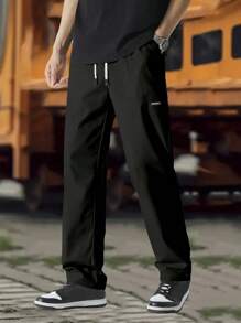 2pcs Men Casual Black & Gray Pants, Slim Fit Design, Urban Streetwear Style Trousers Set