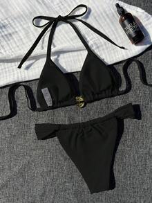 女士金属贝壳比基尼套装。细肩带三角罩杯设计凸显颈部和肩部线条，金属贝壳扣饰精致迷人。细肩带三角泳裤勾勒出曼妙身姿。非常适合度假和海滩之旅，是打造奢华度假风的绝佳之选。 - 黑色 - 查看 4