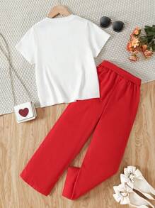 2 Peças Conjunto de Moda Verão Meninas, Camiseta Estampada + Calça Reta de Perna Larga de Cor Sólida