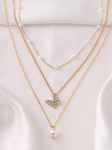 3pcs Women's Pearl Butterfly Necklace Set - Yellow Gold - View 3