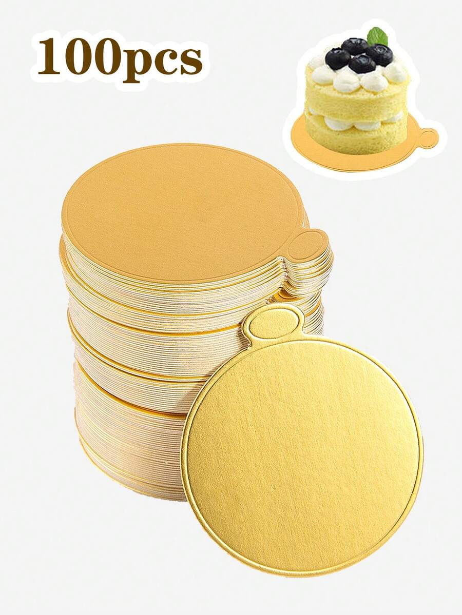 100pcs Round Mousse Dessert Gold Paper Trays, Greaseproof Durable Cake Paper Trays, Easy-Grab Handles Baking Dessert Paperboard Design For Cupcakes, Wedding Birthday Party Dessert Display - Baking Dessert Tray Cake Board Luxury Elegant Cake Tray Gelatin Tray - Golden Circle - View 1