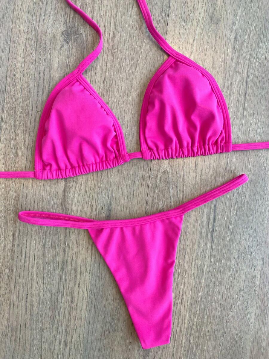 Triangle Bikini Without Padding, Thong Panties, Ribbon, Pink - Màu Hồng Tươi - Xem 1