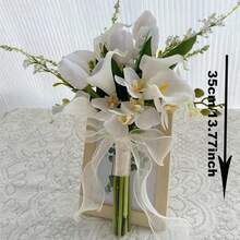 1束白色新娘婚礼花束，人造触感郁金香伴娘花束，新娘花束，结婚周年装饰，生日派对用品，房间装饰，毕业礼物夏季海滩礼物返校学校用品