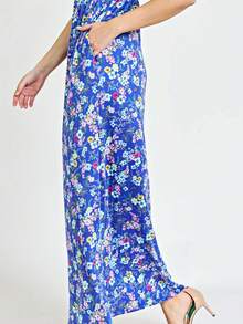 Boho Retro Multi Ditsy Floral Stripe Blue Charcoal Black Coral Short Sleeve Maxi Long Dress With Pocket | S-3X - 海軍 - 查看 4