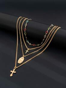 4pcs Set Retro Luxurious Colorful Crystal Y-Necklace, Men's Punk Metal Jesus Cross Pendant Long Necklace Set - Four-piece Necklace Set - View 5