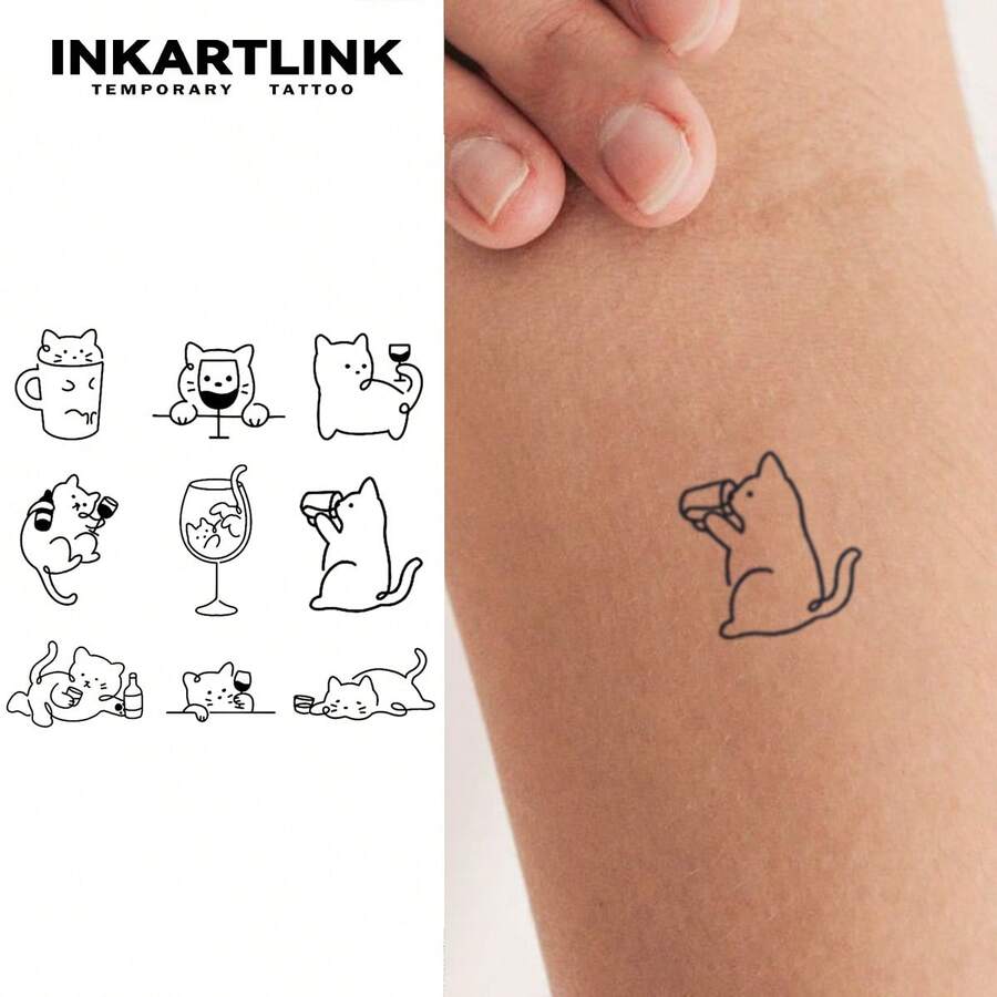 INKARTLINK 可爱猫爪纹身，防水半永久花卉和猫咪临时纹身贴纸，奇特可爱互动身体艺术套装 - 黑色 - 查看 1