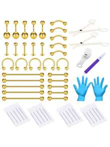 46pcs Body Piercing Kit, 316L Stainless Steel Multi-Purpose Piercing Jewelry & Tools, Suitable For Nose, Tongue, Lip, Ear, Eyebrow, Navel, Cartilage, Tragus, Helix, Conch Piercing, Holiday Gift, Professional Piercing Set, Silver/Gold - Multicolor - View 14