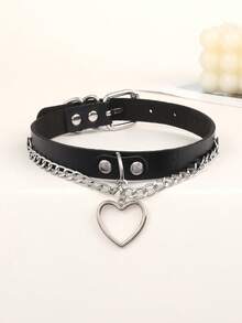 1pc Women's Double Chain Heart Pendant, Pin Buckle Double Ring Choker, Round Ring + Chain Spike, Chain Heart Pendant, Chain Cross Pendant, Large Round Ring Pendant, Double Chain Round Ring Pendant, Pin Buckle Double Ring Choker, Boho Fashion Punk Adjustable Collar Choker