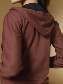 Women's Cold Weather Blouse Sweatshirt Coat With Zipper And Plain Hood Various Colors - 棕色 - 查看 8