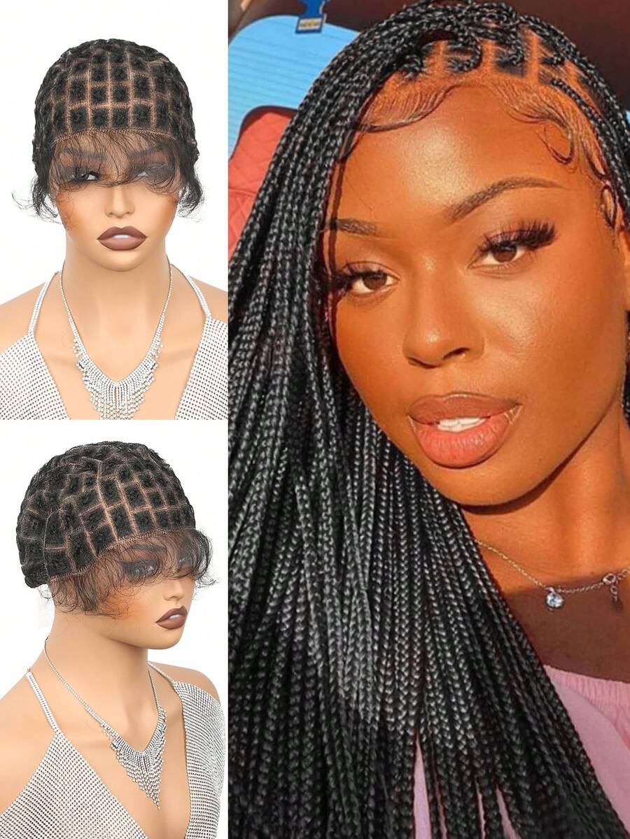 96片装双层透气蕾丝钩编假发帽，女士DIY钩编假发，无胶钩编假发帽，自然编织假发帽，女士钩编蕾丝假发，预制方形蕾丝前钩编假发帽 - 黑色 - 查看 1