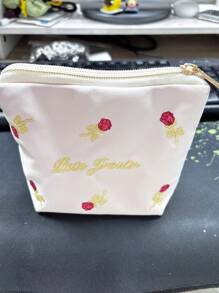 1 st. Roze geborduurde cosmetische tas met bloemen, lieflijk opbergzakje met rozenbloem, schattige mini make-uptas met rits