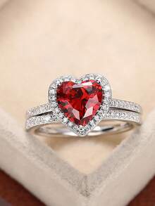 1 套 925 纯银双心锆石戒指适合女性搭配日常服装派对配饰女士高品质戒指精美珠宝礼物