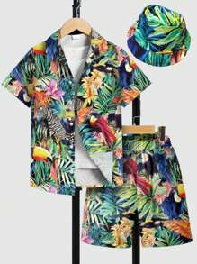 3-Piece Tween Boy Hawaiian Shirt, Hat And Shorts Set With Pockets, Beach Tropical Rainforest Animal Print Pattern, Suitable For Summer Casual And Vacation Wear (Without White T-Shirt)