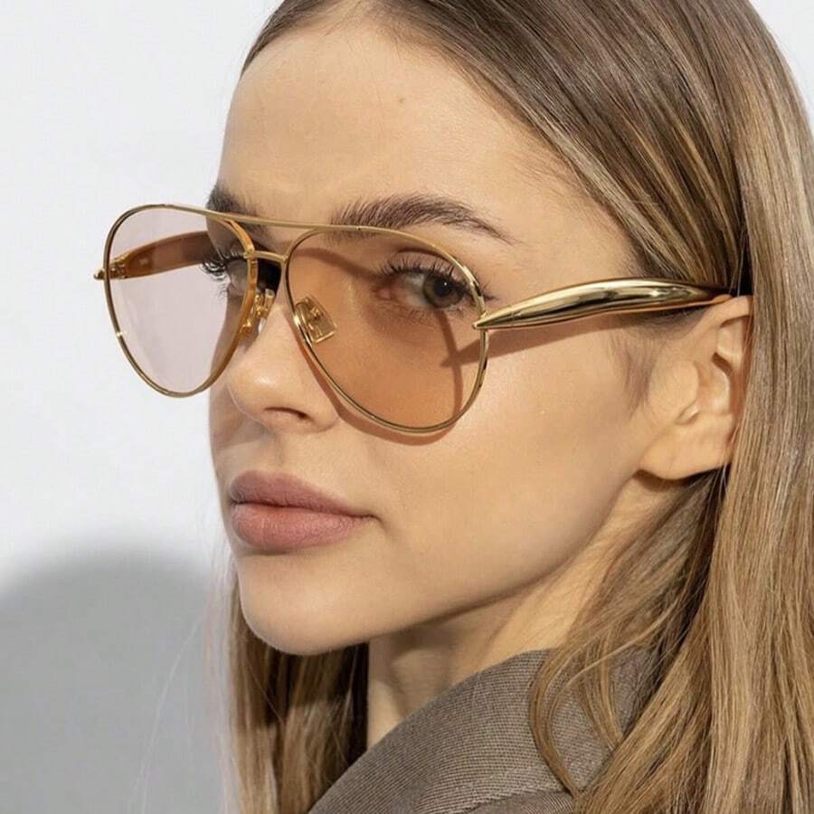 Women Semi Metal Fashion Glasses - Minimalist, Champagne Gold Color Blocking,Unique Leg Fashion Casual Oversized Glasses For Women Men Eyewear For Summer Beach Vacation,Outdoor,Travel