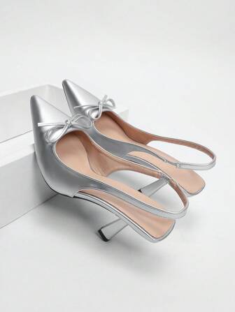 OMS Women's Fashion Silver Bowknot Decoration Closed Toe Strappy High Heel Sandals, Sexy Elegant Slingback Party Heels For Autumn