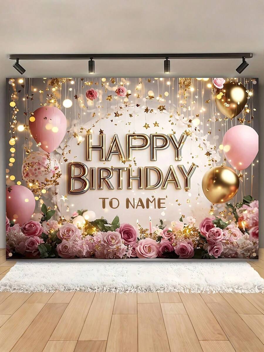 1pc Customizable Polyester Birthday Backdrop, Personalized Rose Gold Star Design DIY Party Wall Decor, Photo Booth Backdrop In 3 Sizes, Back To School