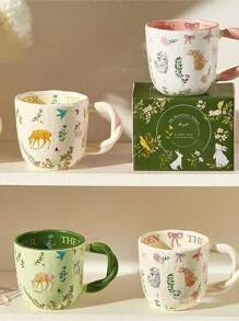 1pc 300ml Ceramic Cup With Nature-Inspired Texture, Braided Handle, Cartoon Design, Suitable For Home & Office Use