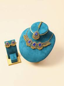 Hot Selling 2024 - 4pcs/Set Zinc Alloy Antique Bronze Tone Women Jewelry Set, 1pc Black/White Oval Crystal Glass & Faux Pearl Gold Tone Necklace, 1 Pair Elegant Earrings, 1pc Bollywood Style Forehead Chain, Perfect Gift For Casual Wear & Festivals