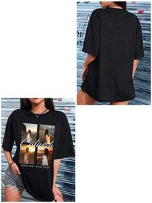 T-shirt ample personnalisable pour femmes, téléchargez vos photos/photos de groupe/photos de meilleures amies, entrez votre texte/bénédictions/nom/texte significatif/amusant, t-shirt noir décontracté ample à manches courtes, cadeau de vacances, porter au printemps et en été, cadeau spécial, cadeau créatif, couple, ensemble de meilleures amies, uniforme d'entreprise - Noir - Voir 3